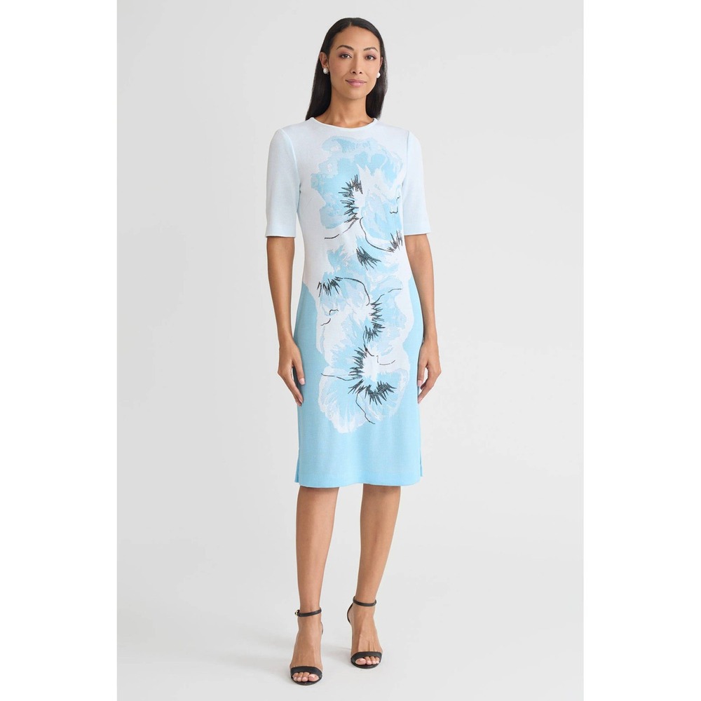 NWT Ming Wang Bold Floral Jacquard Knit Sheath Dress Blue White Size Large